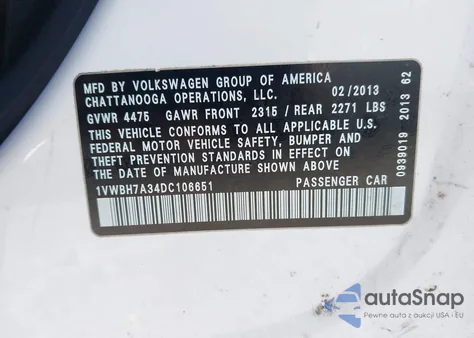 2013 Volkswagen Passat 2.5L Se z USA, uszkodzony, nr VIN 1VWBH7A34DC106651